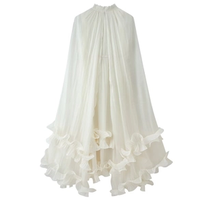 Elegant white pleated chiffon dress with tiered ruffles and lightweight flowing fabric