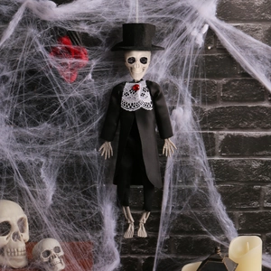 Skeleton bridegroom hanging decoration with black suit and top hat for Halloween party decor