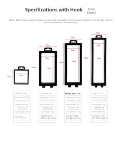 Detailed size chart for floating jewelry display boxes with PE film and hanging hooks