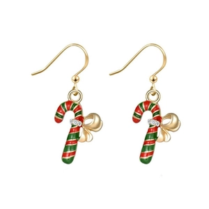 Detail of festive Christmas candy cane earrings with gold bows and sparkling crystals
