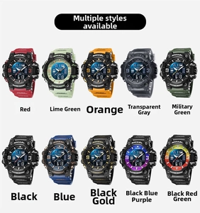 Detailed display of ten colorful camouflage waterproof sport digital watches with dual time