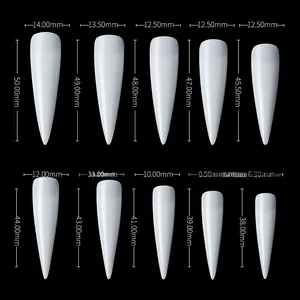 Maattabel voor lange stiletto kunstnagels met exacte hoogte- en breedteafmetingen