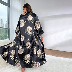 Plus size women black satin floral print long robe with elegant pink peony patterns
