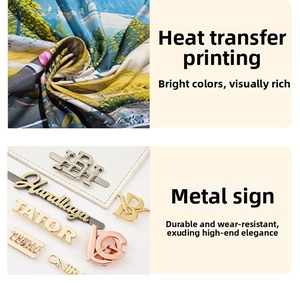 Macro view of floral heat transfer print fabric and metallic brand tags in varied tones