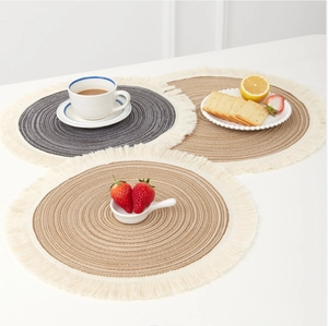 Nordic round ramie placemats with fringe trim in dark grey and beige cotton cord