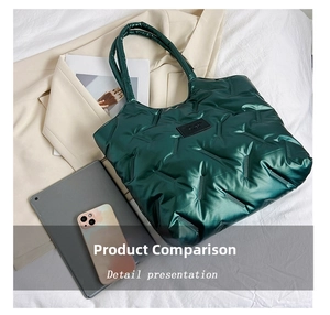 Deep green quilted tote bag size comparison with tablet and phone on white backdrop