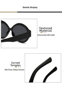 Primer plano de gafas de sol redondas negras con montura de resina duradera y bisagras