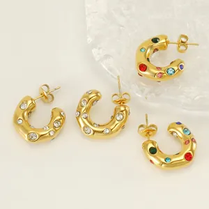 18K Gold Plated Stainless Steel C-Shaped Stud Earrings Geometric Irregular Zircon Rhinestone Vintage Ins Style For Women