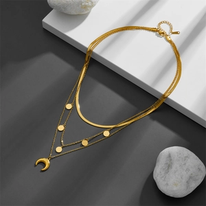 Three-layer titanium steel necklace with gold moon pendant and round metal sequins decoration
