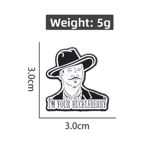Cowboy character enamel pin with I'm Your Huckleberry text, 3x3cm alloy badge for music fans