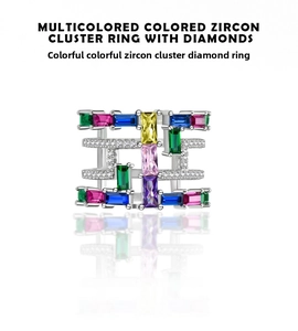 Detailed close-up of S925 silver wide ring featuring multi-color rectangle cut zircons