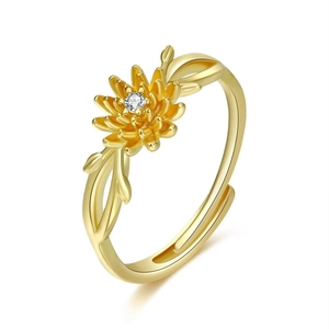 Minimalist gold sunflower open ring with central zircon stone and leaf side details
