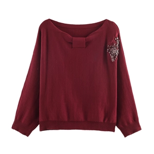 Women Elegant Knit Sweater Long Sleeve Boat Neck Bow Decor Beaded Flower Embroidery Pullover Burgundy