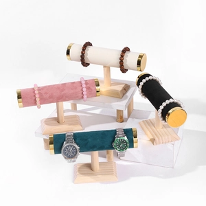 Velvet T-bar jewelry display stand with wooden base for watches and bracelets