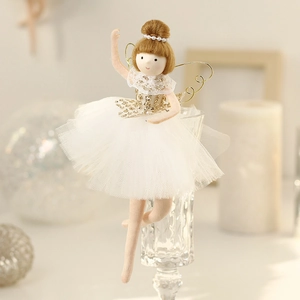 Elegant ballet fairy plush doll with white mesh skirt and golden wings on glass stand