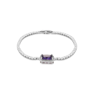 Close-up of rectangular purple zircon gemstone set in silver-tone geometric bracelet