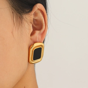 Retro geometric square stud earrings in gold and black stainless steel finish