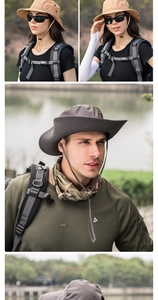 Detail of outdoor quick-dry sun hats in khaki and grey with adjustable wind cords