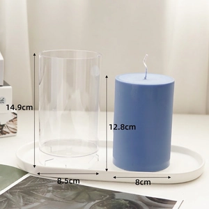 Cylindrical plastic DIY candle mold with finished blue wax pillar and size specifications