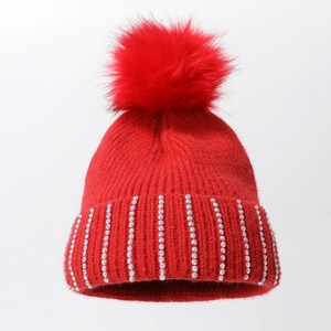 Bonnet En Tricot D'Hiver Pour Femmes Chaud Épais Avec Pompon En Fausse Fourrure Et Décoration De Strass Irisés