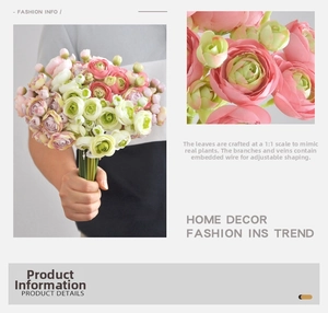 Detail of lifelike pink ranunculus bouquet with adjustable stems and 1:1 leaf design