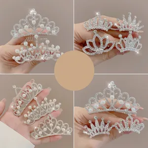 Set of 4 silver princess crowns for girls with sparkling rhinestones and white pearls
