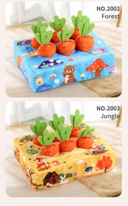 Detail of plush puzzle toy showing Forest and Jungle carrot pulling game sets