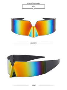 Front and side view of futuristic wraparound sunglasses with gradient red mirror lenses