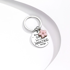 Portachiavi festa della mamma in acciaio inox con fiore rosa e ciondolo inciso