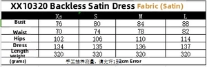 Size chart for elegant halter satin maxi dress with backless design and measurements