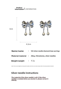 Macro view of crystal rhinestone bow earrings with size 3cm x 4.2cm and 925 silver needle