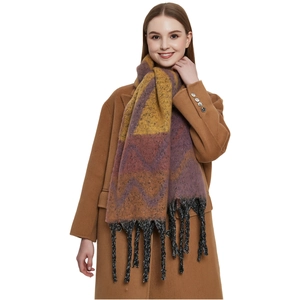 Thick faux mohair scarf with wavy pattern and long tassels in yellow, brown and purple