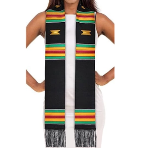 Detail of satin graduation stole with African Kente stripes and black tassel fringe
