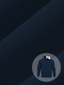Detail of waffle knit fabric and white contrast inner collar on navy blue pullover