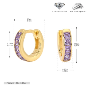 Dimensions détaillées des créoles en argent 925 doré avec des pierres en zircon violet