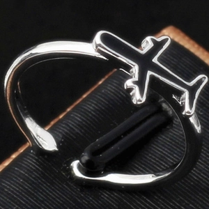 Minimalist silver airplane open ring with polished adjustable metal band for women