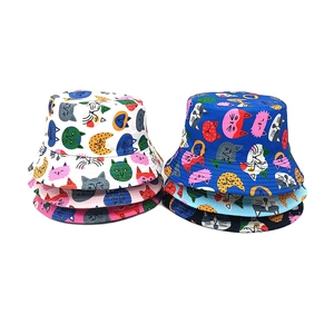 Cute cartoon cat print kids bucket hats in various colors with double-sided sun protection