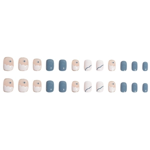 24-piece short press-on nails set with sky blue, gold edge, and white wavy patterns