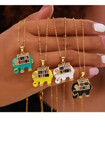 Detail of four colorful enamel elephant pendants with crystals on gold bead chains