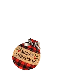 Plaid and burlap round Christmas ornament with Merry Christmas embroidery decoration