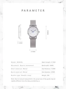 Detailed size parameters for silver mesh strap watch with 27mm dial and blue needles