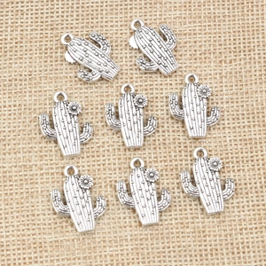 Set of 8 silver alloy cactus charms with flower details for DIY jewelry making