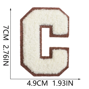 Detailed view of cream chenille letter C patch with 7cm and 4.9cm size dimensions