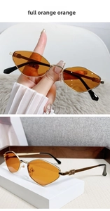 Detailed view of vintage orange geometric sunglasses with gold metal frame and relief