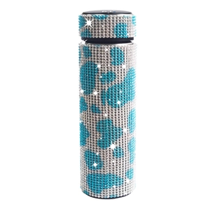 Blue and silver leopard pattern diamond studded smart thermos with LED temp display
