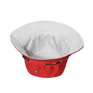Detail view of red fishing hat with light gray lining and SPORT branded drawcord