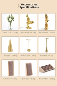 Detailed size and weight chart for wooden velvet jewelry display stands and props