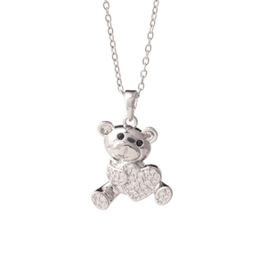 Silver bear heart necklace with micro-paved cubic zirconia on white background