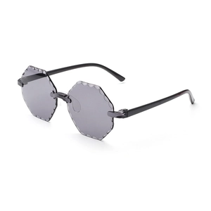 Kids rimless polygonal sunglasses with grey scalloped lenses and sleek black temples