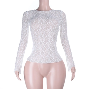 Detalle de la tela de encaje floral blanco transparente con patrones en un top de manga